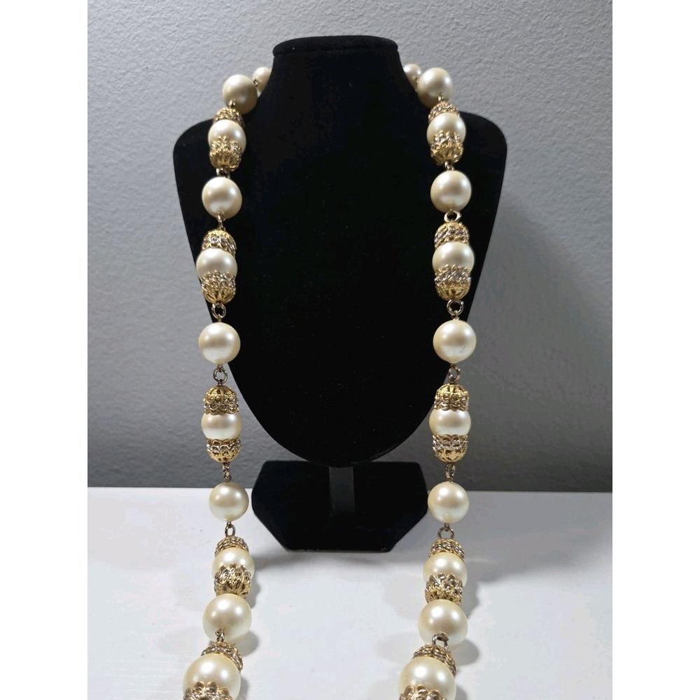 Vintage Statement Faux Pearl Necklace w/ Alternating Gold Filigree Spacers